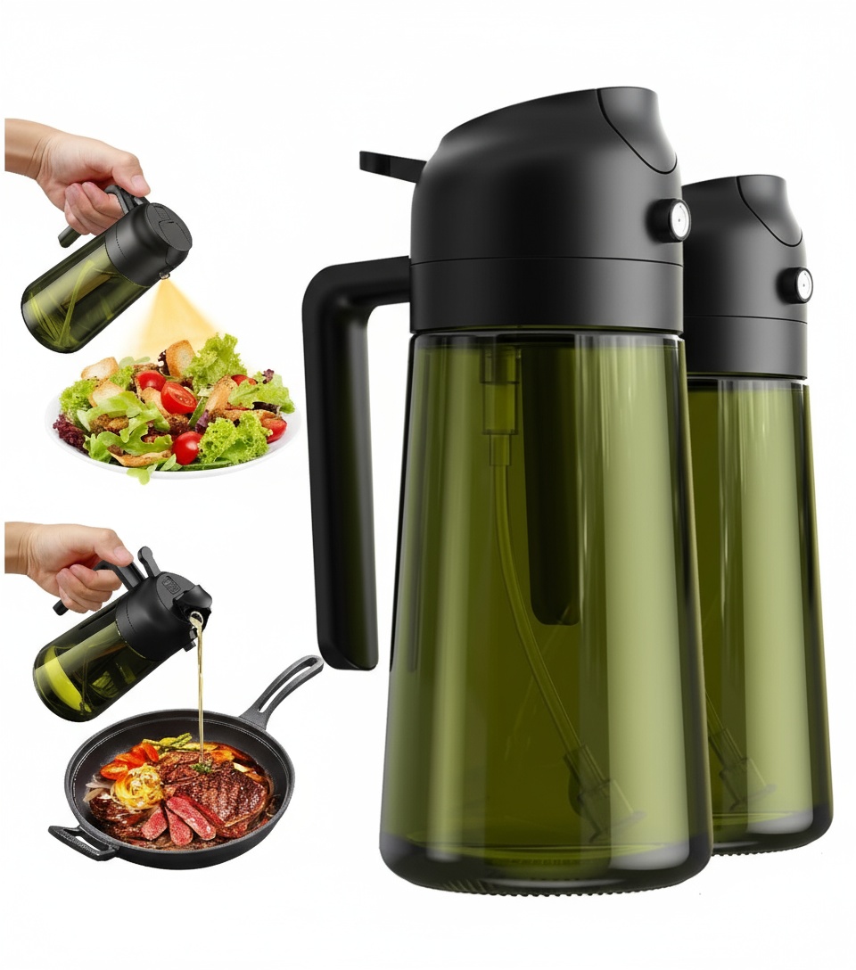 2-PACK 2-i-1 Oljespray & Dispenser – Mörk Glasflaska för Matlagning & Grillning