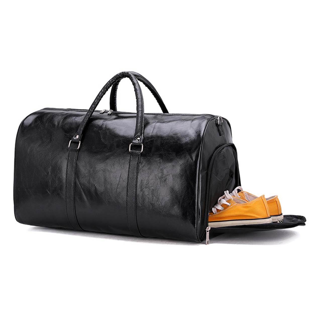 Romslig helgetaske med skofack for menn, 35L, vanntett PU-lær treningsveske, svart