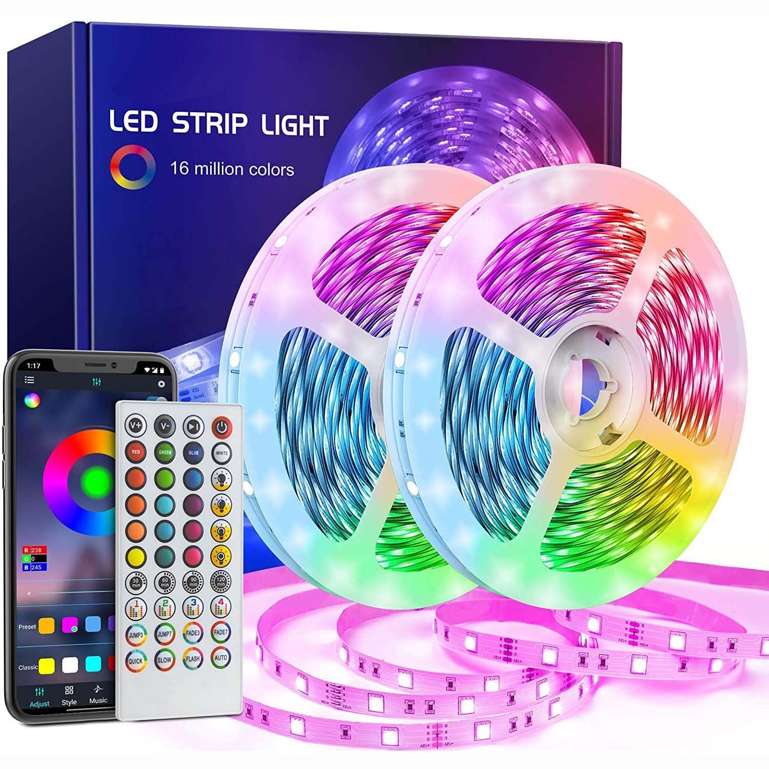 30m Smart RGB LED-stripe med app, fjernkontroll og veggadapter