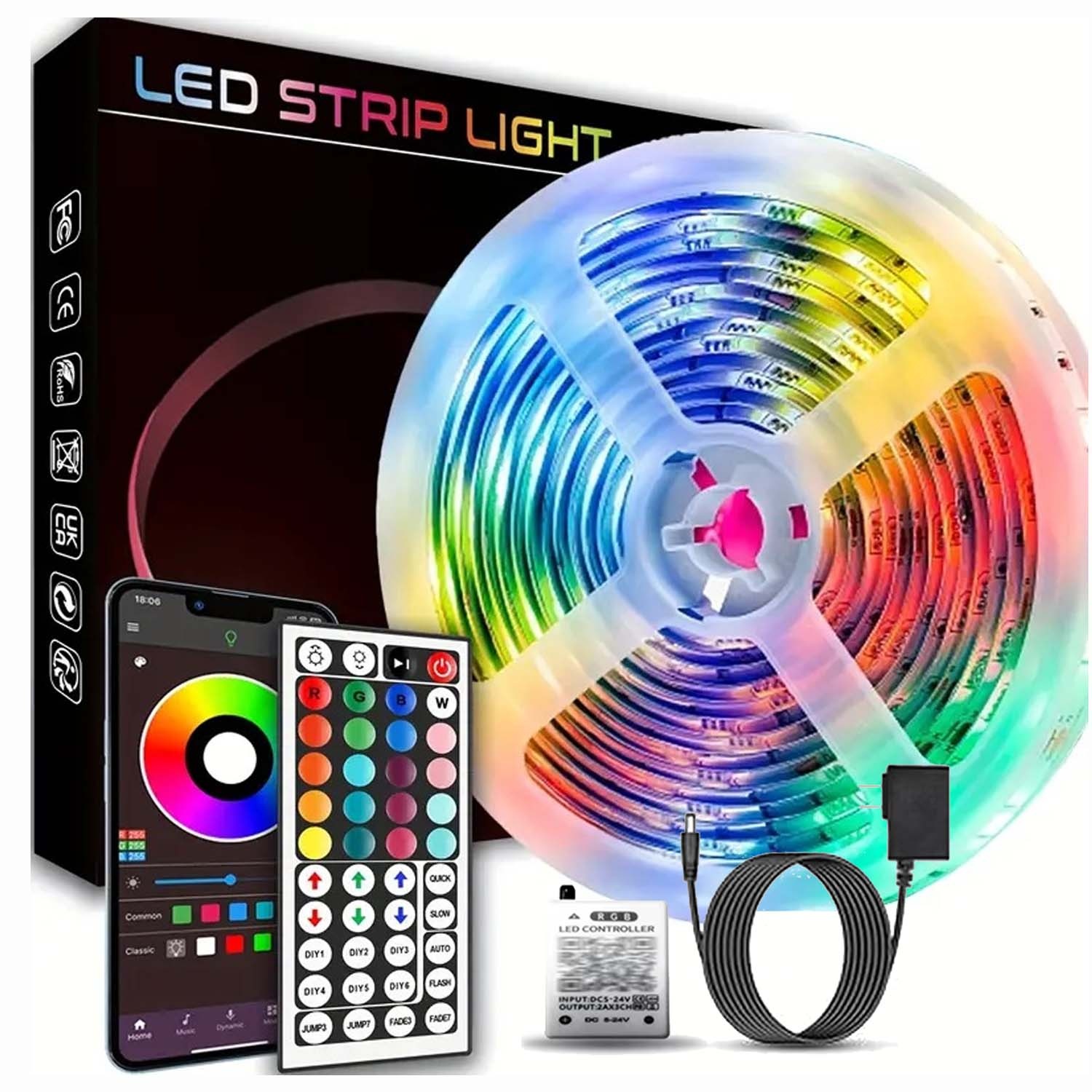 5m Smart RGB LED Strip List Ljusslinga med App, Fjärrkontroll och Väggadapter