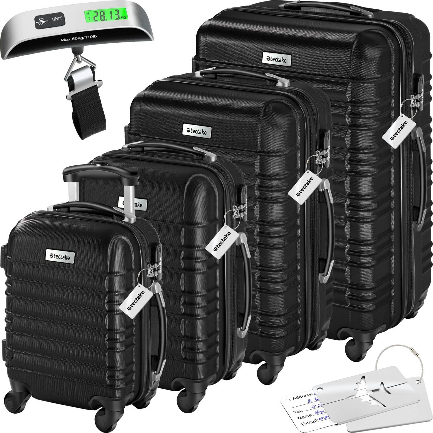 Resväskeset Mila - 4 resväskor, bagage med bagagevåg och namntaggar - svart (1 av 12)