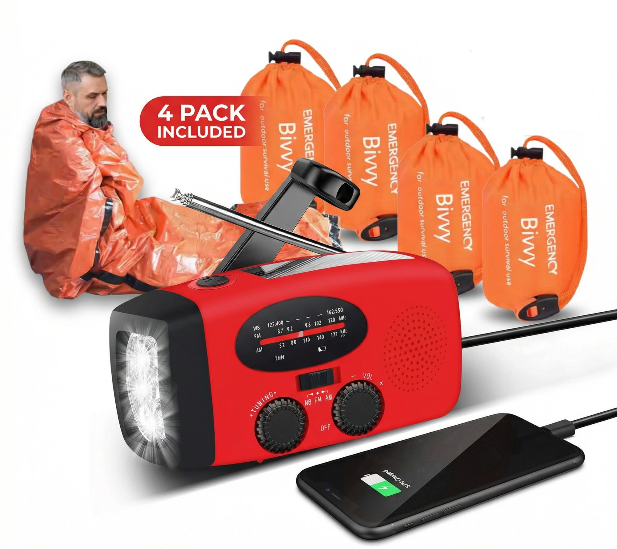 Nödkit Survival Bundle – Vevradio med solceller + 4-pack Emergency Bivvy sovsäckar - Krisradio Powerbank Outdoor Survival