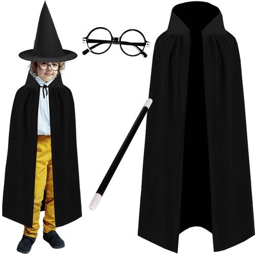 Magikerdräkt barn svart 4-delar cape 90 cm hatt stav glasögon