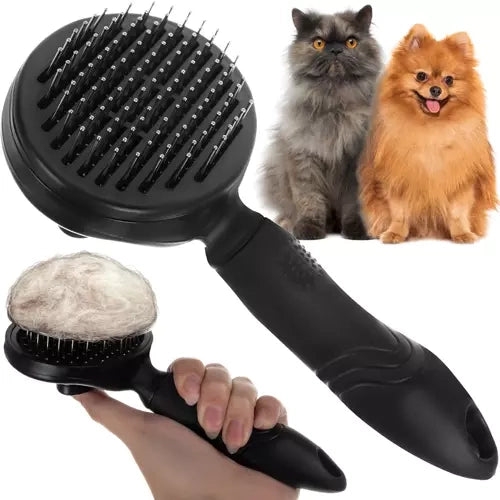 Självrengörande pälsborste med knapp för hund, katt och kanin svart