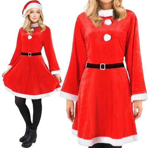 Fru Claus tomtemor kostymset röd/vit med klänning, hatt och bälte