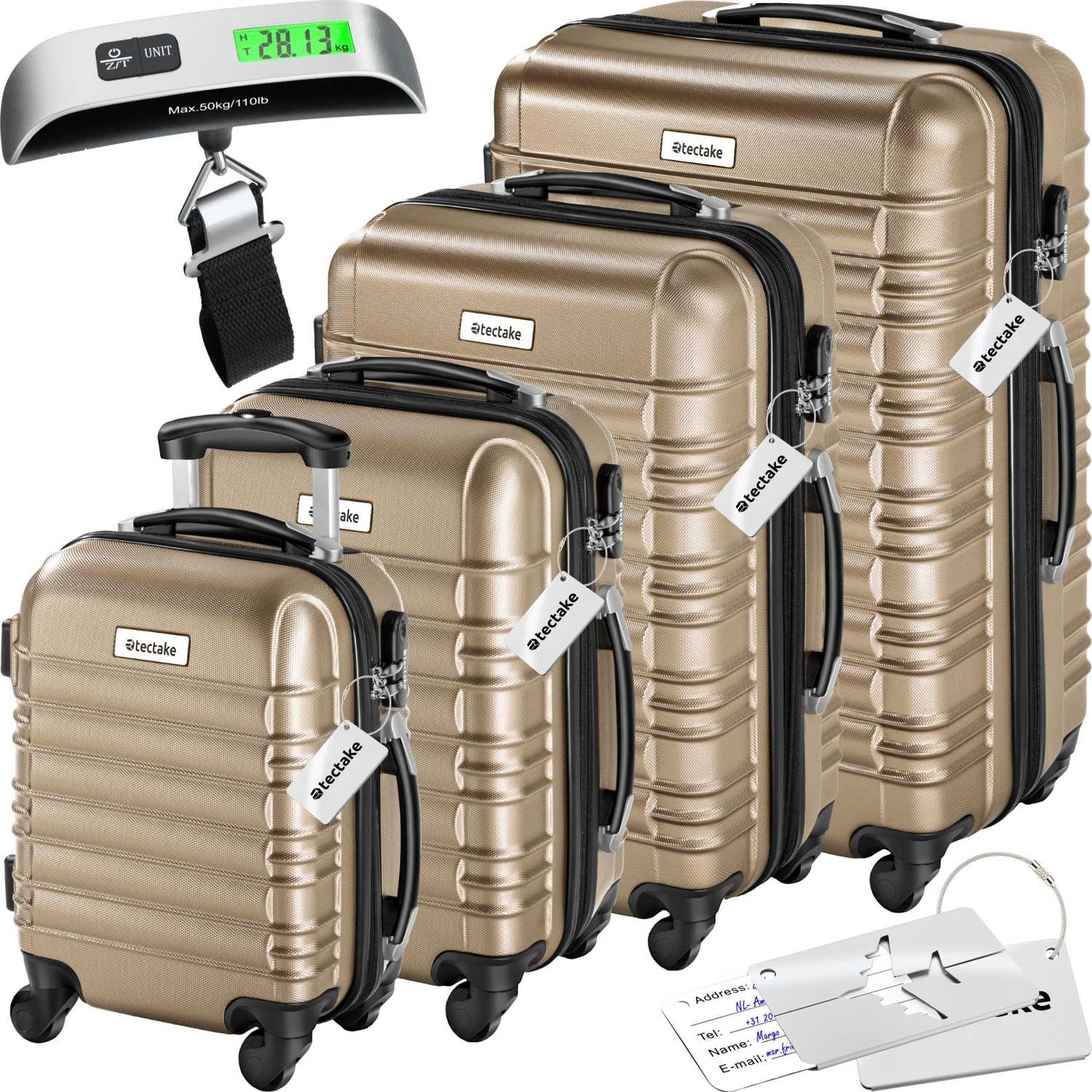 Resväskeset Mila - 4 resväskor, bagage med bagagevåg och namntaggar - champagne (1 av 12)