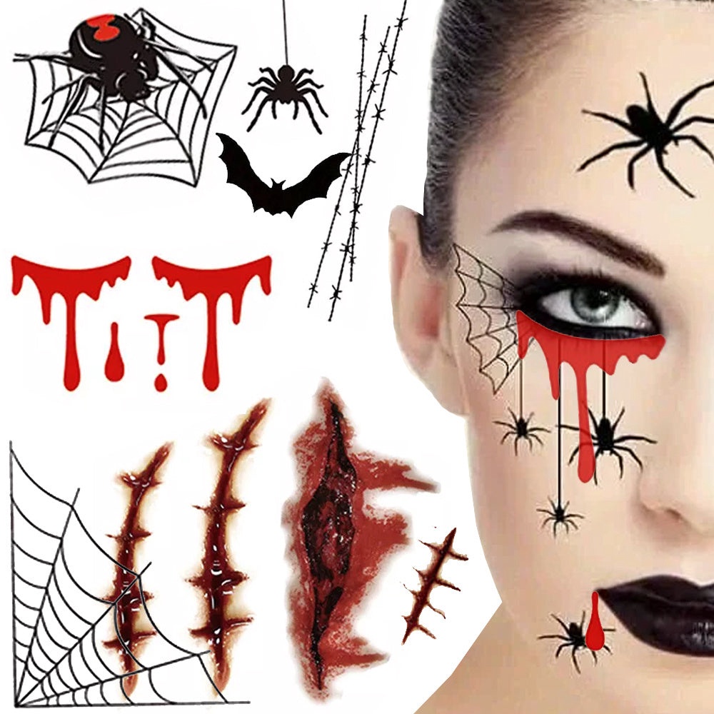 Tillfälliga Halloween-tatueringar 1 ark 19x12 cm, blod/sår/spindlar