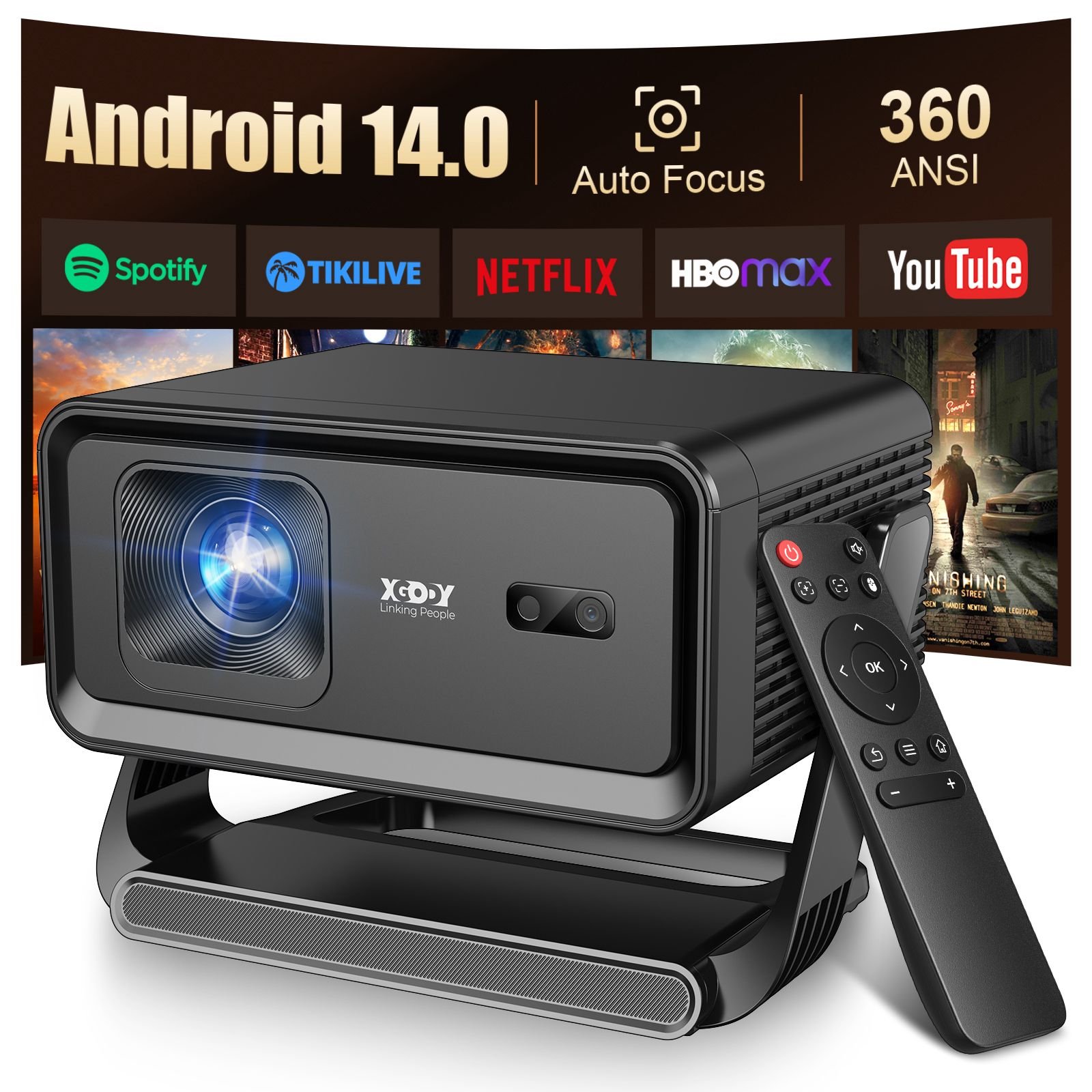 Bärbar smart projektor med autofokus och Android 14 - Native 720p, stöder 4K/8K-avkodning - 360 ANSI lumen, WiFi6 och Bluetooth 5.4 - Gimbal-design