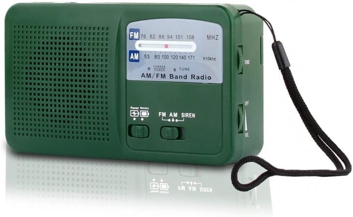 Multifunktionell Vevradio med LED-lampa - FM/AM-radio, Siren, USB, Solcell, Dynamo, Militärgrön (1 av 2)
