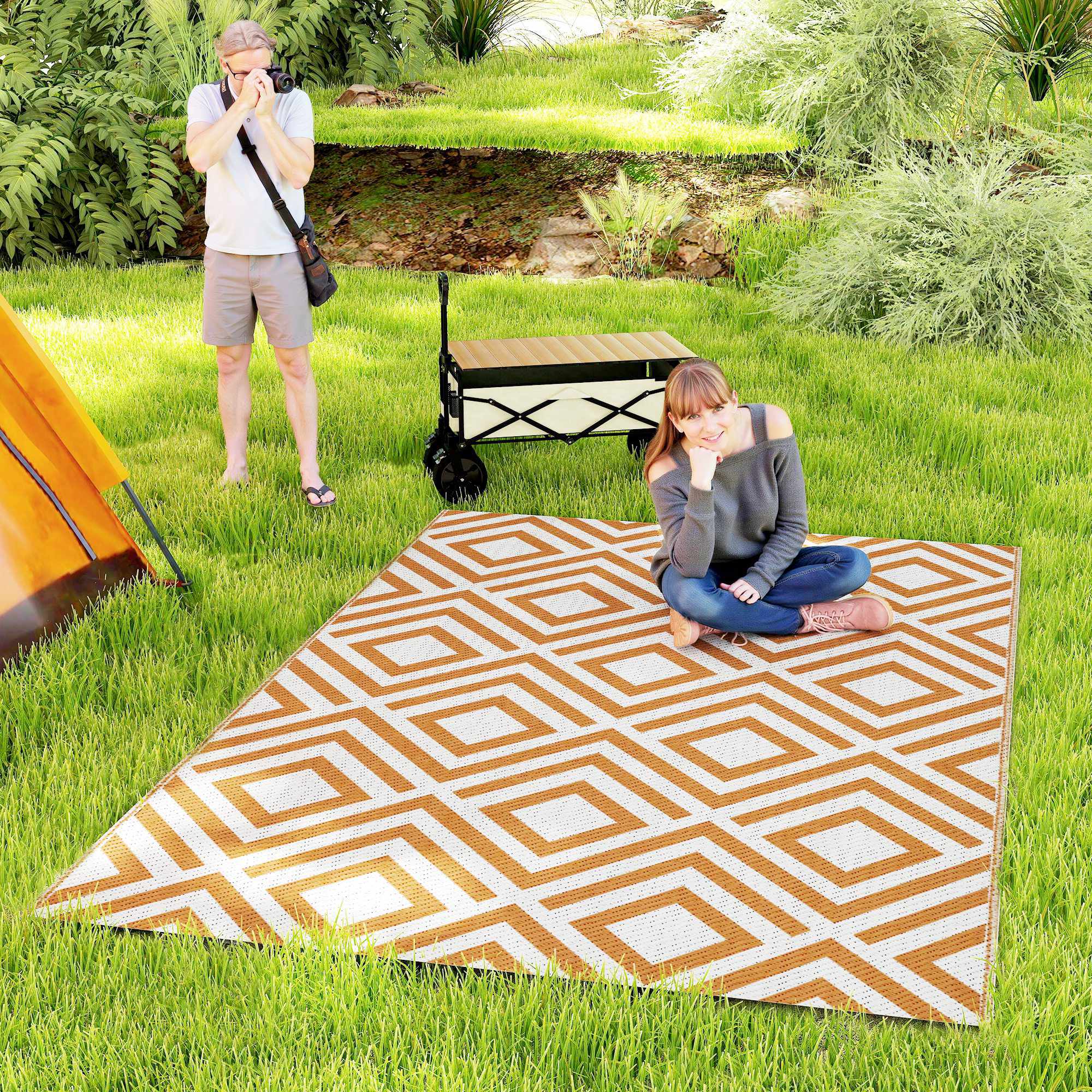 Vändbar utomhusmatta 182x274 cm vattentät plast för terrass uteplats camping strand röd och vit
