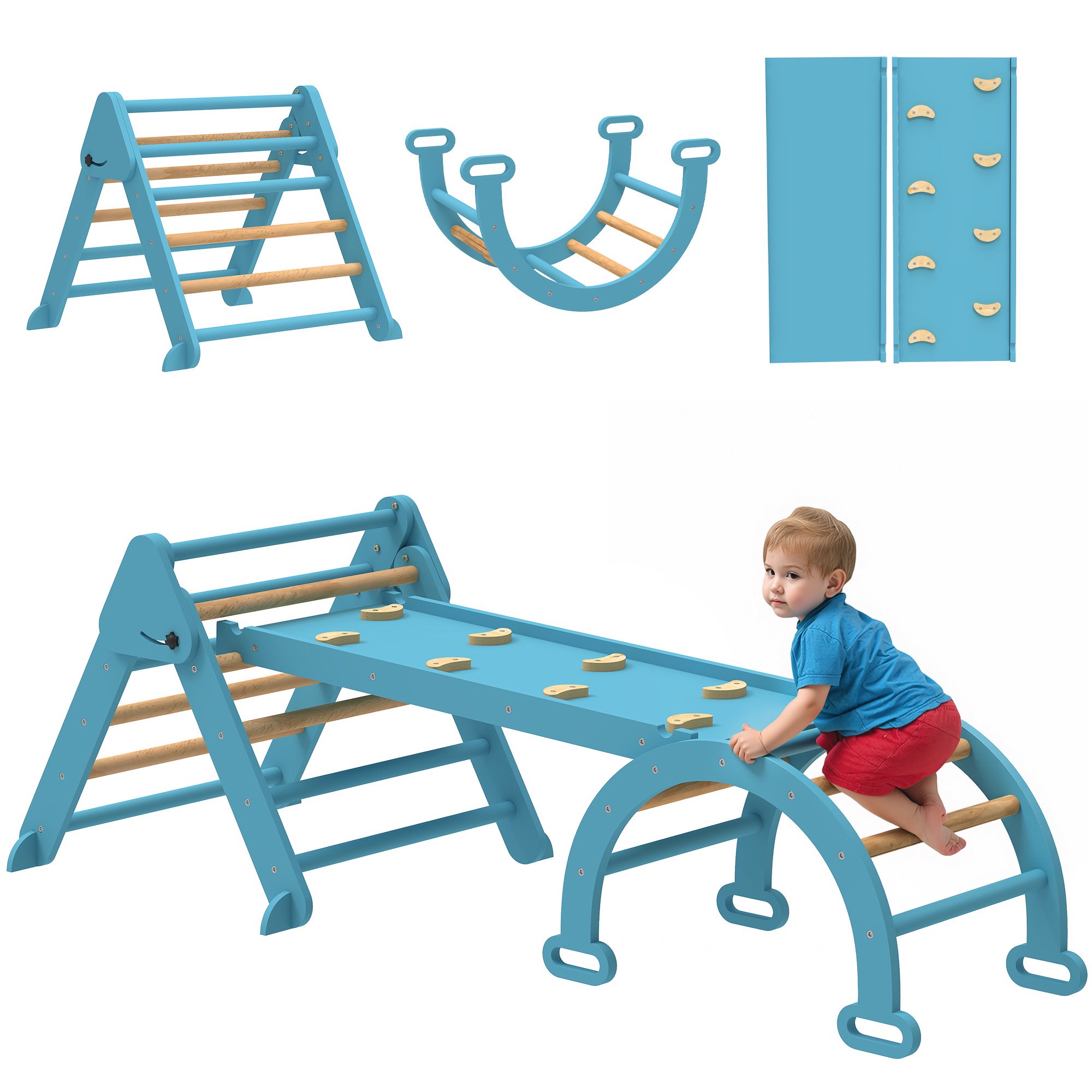 7-i-1 Montessori-klättertriangel i trä med båge och ramp för barn 18-48 månader, 188x70 cm, blå