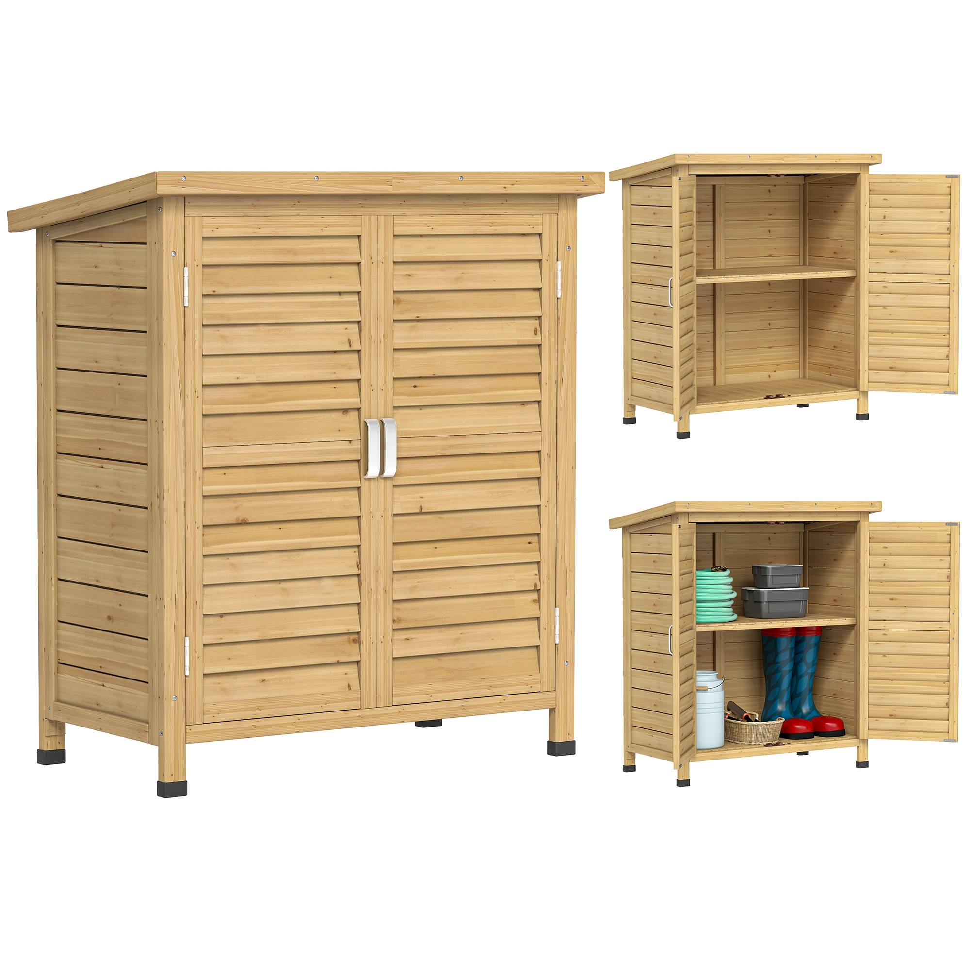 Trädgårdsskjul i trä, 87x46,5x96,5 cm, med 2 innerhyllor, 2 dörrar, bra ventilation och sluttande tak för uteplats eller terrass