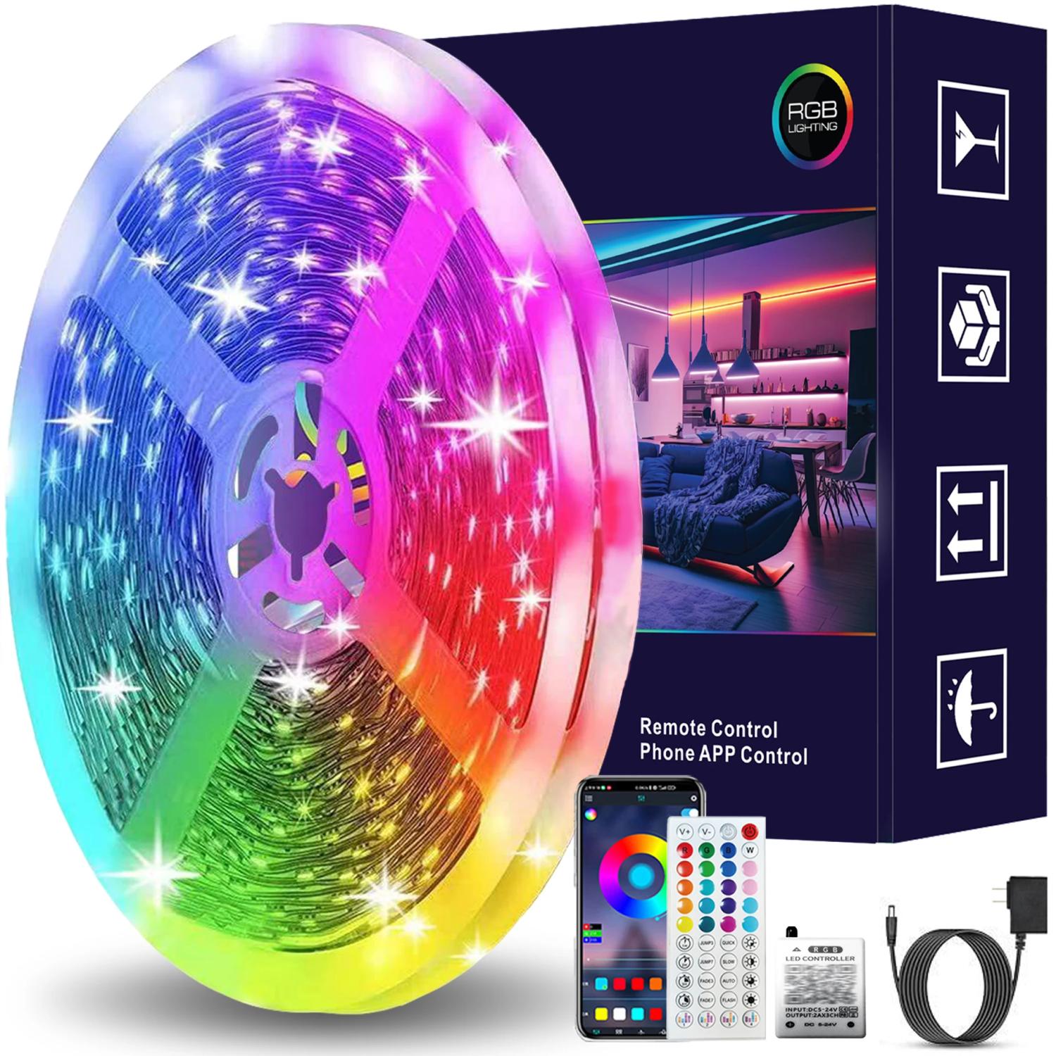 10m Smart RGB LED Strip List Ljusslinga med App, Fjärrkontroll och Väggadapter
