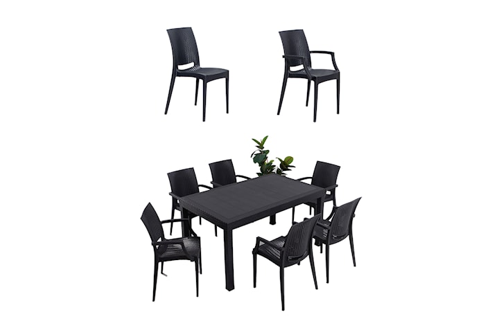 Rattan trädgårds-matgrupp, 1 bord + 6 stolar 90x150