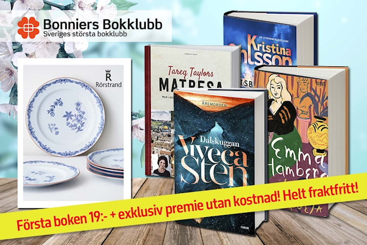 Bonniers Bokklubb: Första boken + 6 st Ostinida-tallrikar för 19 kr