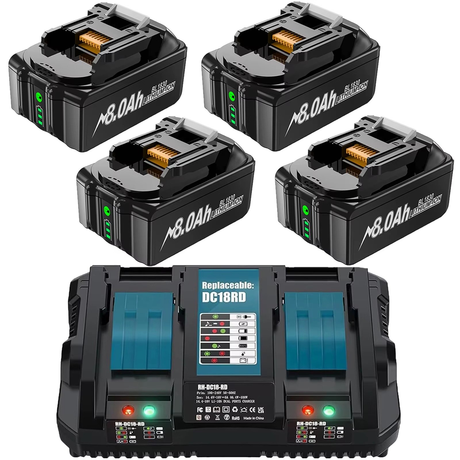 Batteri kompatibelt med Makita 18V 8000mAh + laddare – 4-pack -Ersättning för BL1860B BL1850B BL1840B BL1830B BL1815B