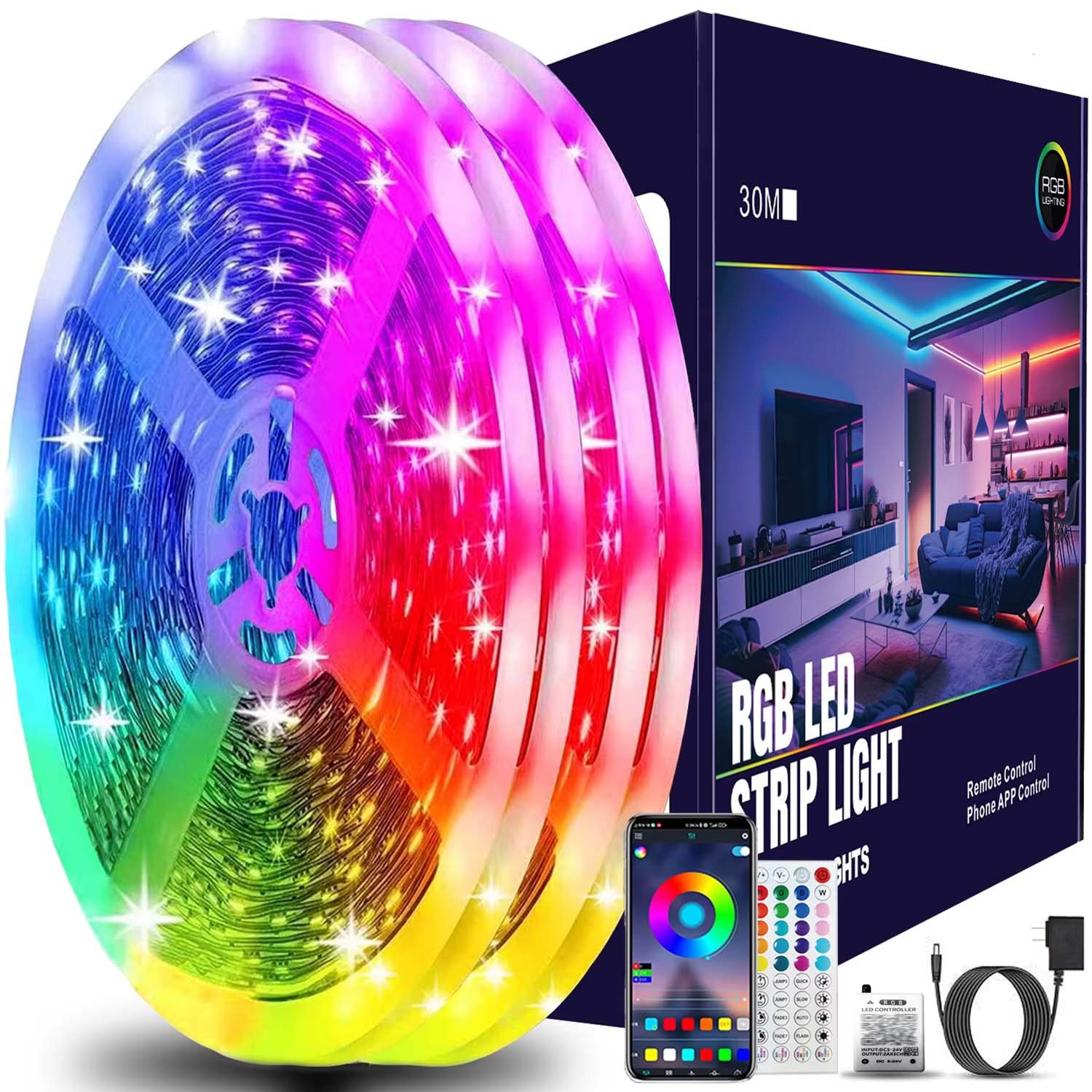 20m Smart RGB LED Strip List Ljusslinga med App, Fjärrkontroll och Väggadapter