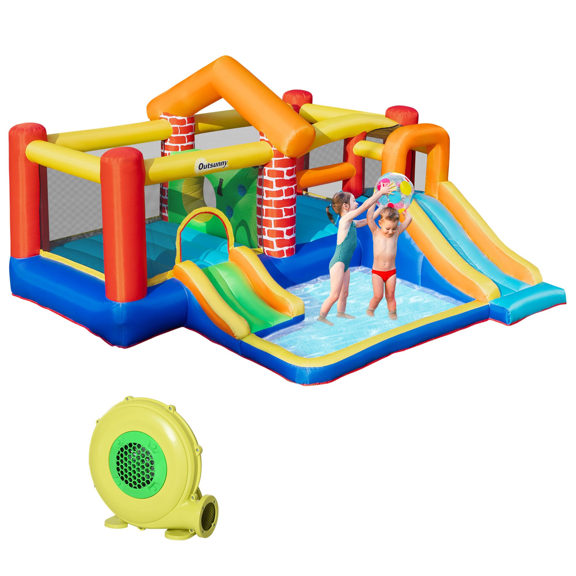 Outsunny Uppblåsbart Slott med 2 Rutschkanor, 2 Trampoliner och Pool för barn från 3 år, Inkluderar Uppblåsningsanordning och Bärväska för inomhus-/utomhusbruk, 380x370x230 cm, Flerfärgad