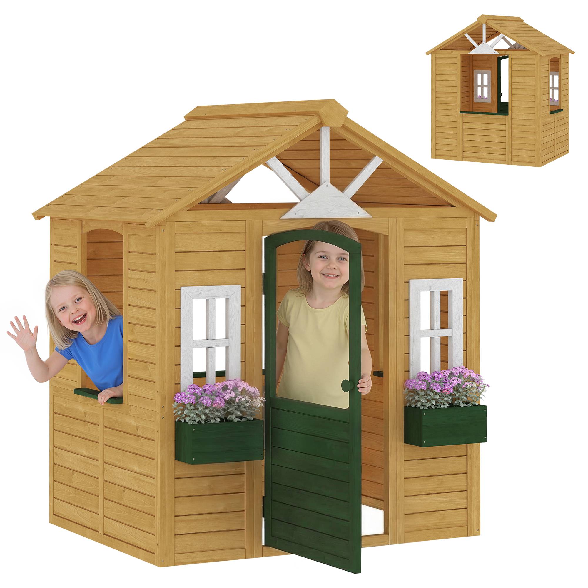 Trälekstuga för barn, utomhuslekstuga med dörr, 3 fönster, 2 blomlådor, för barn i åldrarna 3-8 år, 134,5 x 97 x 150 cm, brun