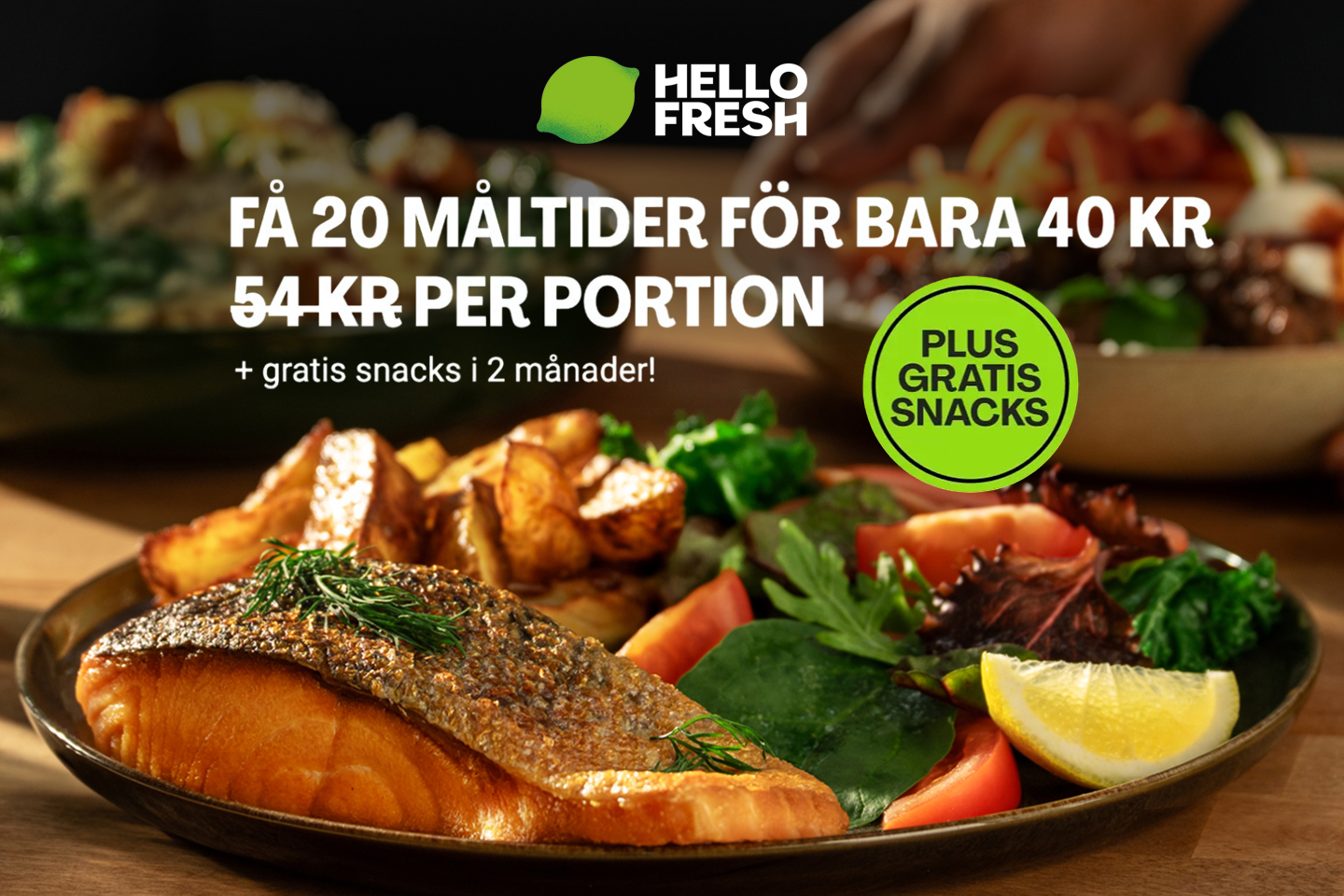 HelloFresh: 20 måltider för 40 kr per portion + gratis snacks i 2 månader