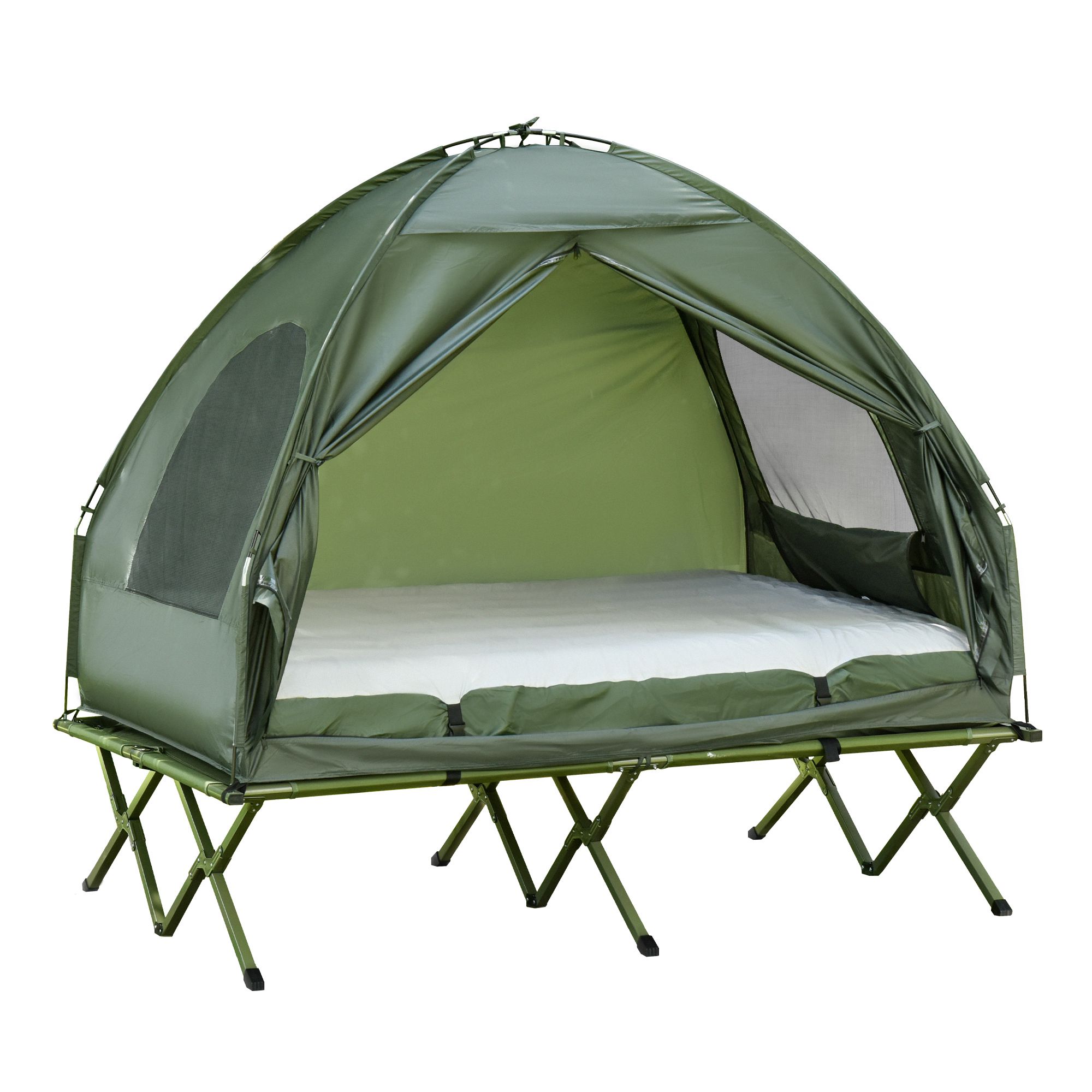 Campingtält för 2 personer med tältsäng och luftmadrass, grönt set