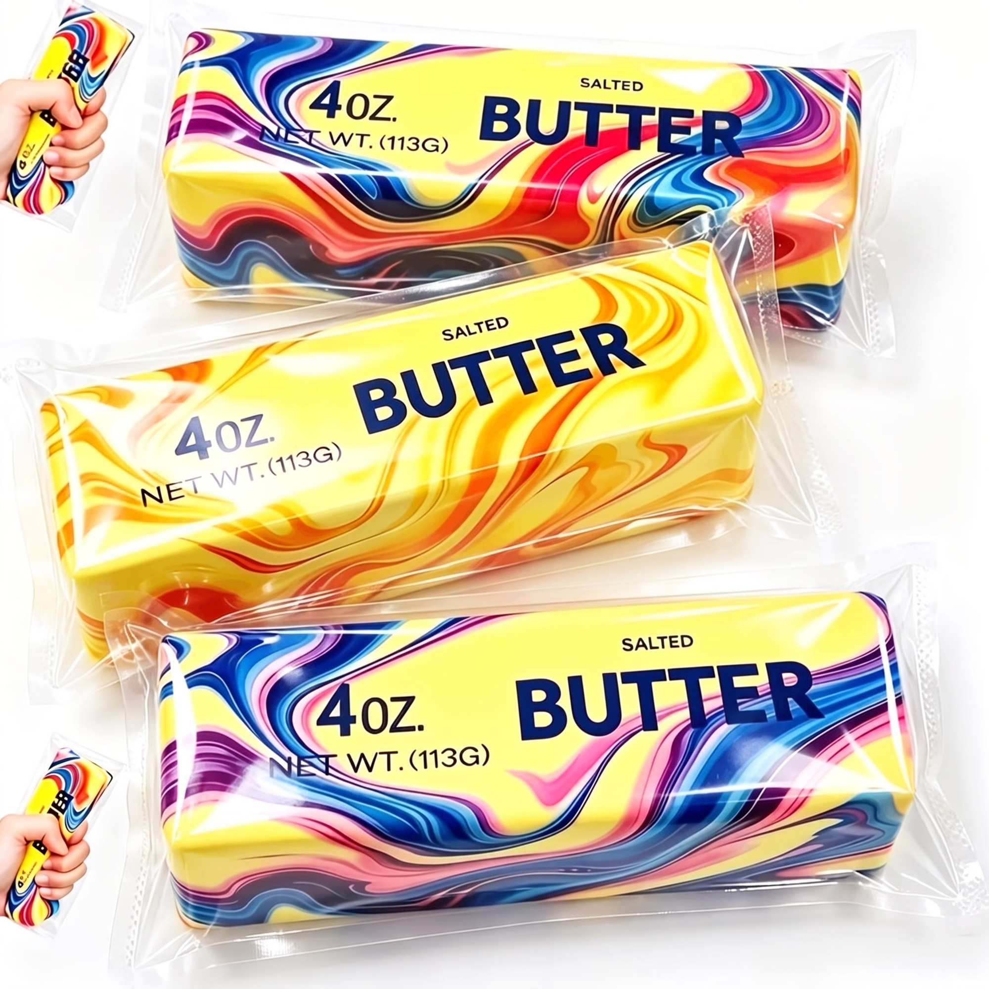 3-pack Butter Squishy - Slow Rising Klämleksak - Fidget & Sensorisk Leksak för Barn och Vuxna - Naturtrogen Smördesign - Random Mix