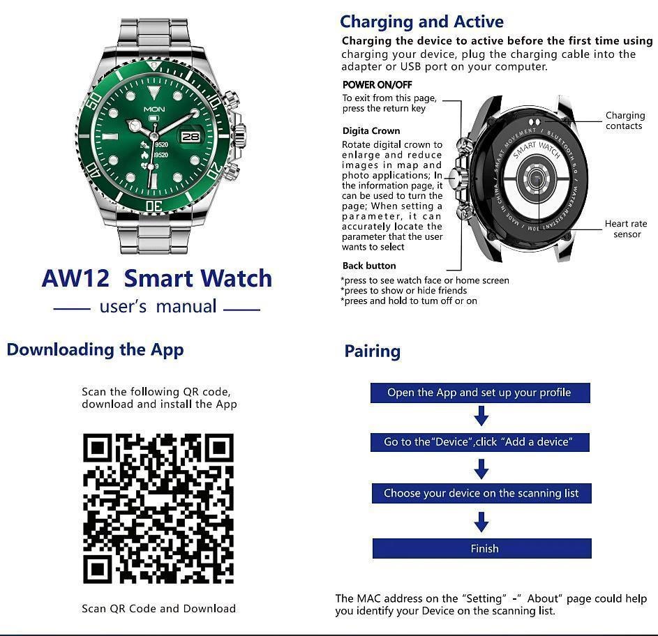 Smart watch / Träningsklocka AW12 Blå med guldfärgade inslag (8 av 9)