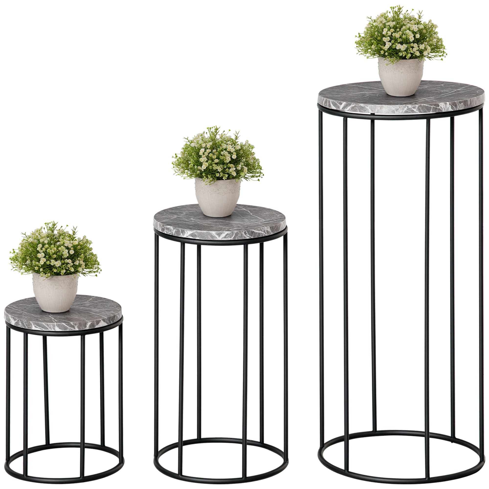 Set med 3 metallblomställ med marmorlook, stapelbara, svarta och grå