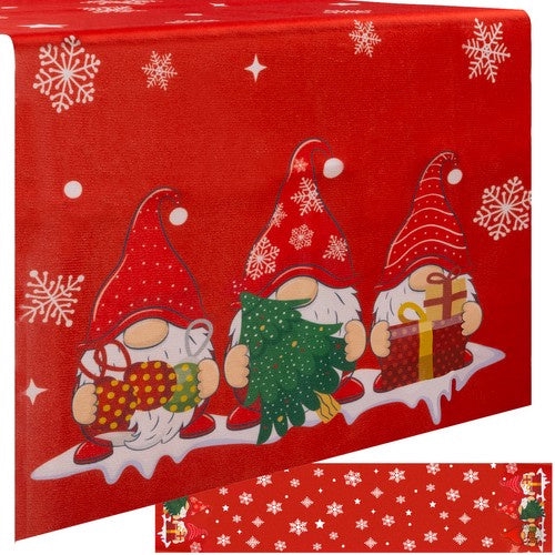 Julbordslöpare röd polyester 180x40 cm med tomtar och snöflingor