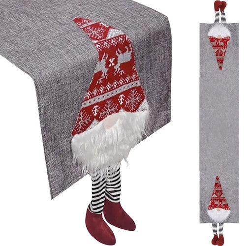 Julbordslöpare 180x33 cm polyester grå med tomtar röd/vit