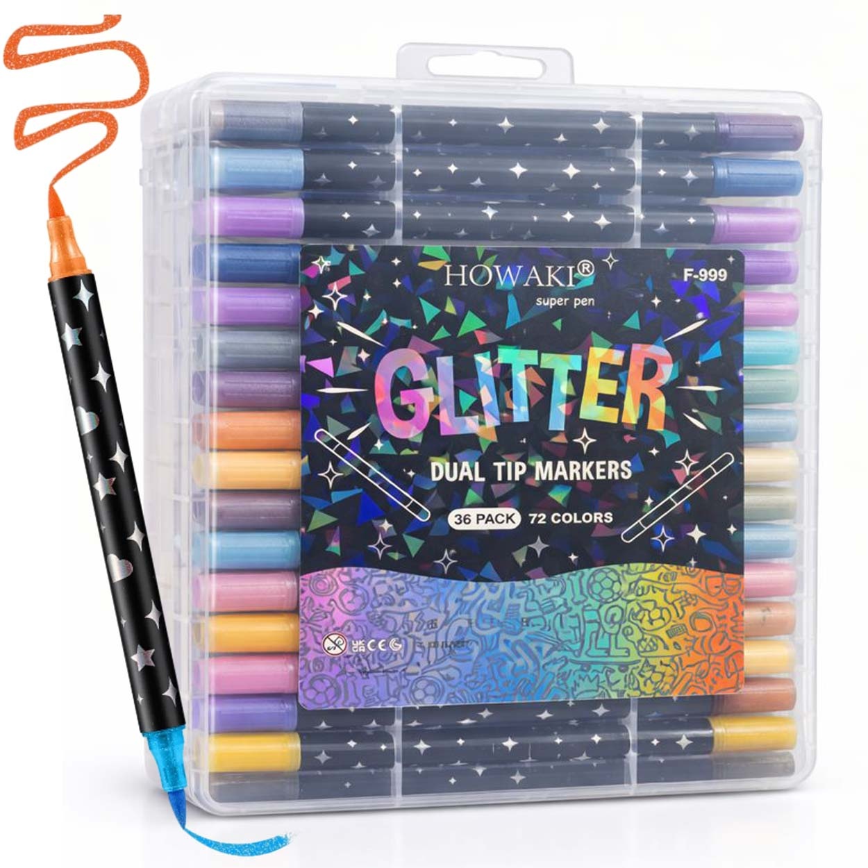 36stk Dobbeltsidige Glitter Tusjer 72 Farger Akryl