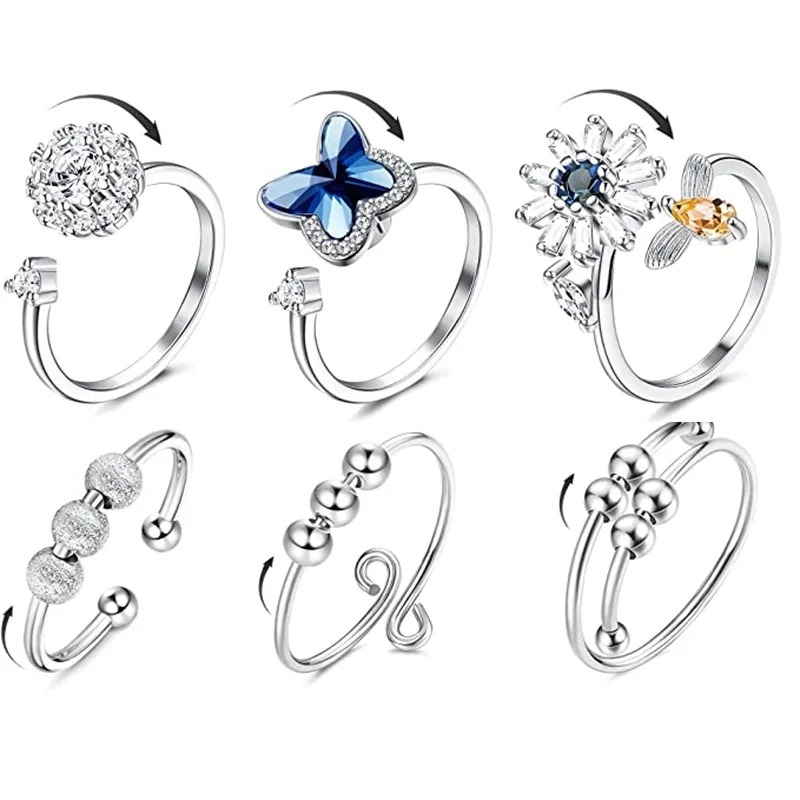 Justerbara fidgetringar i silver 6-pack