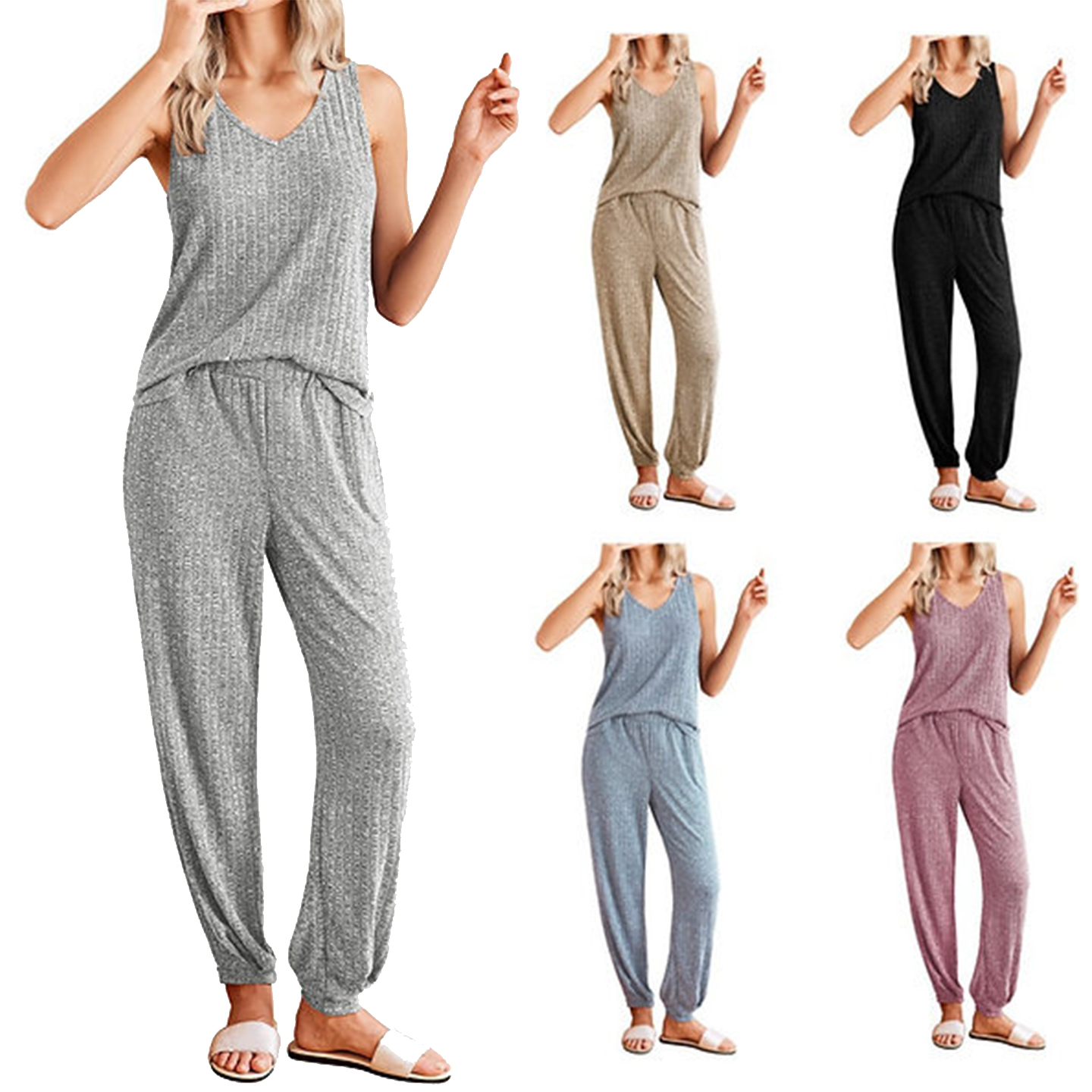 Product Image for Pyjamasset ribbat linne och byxor dam