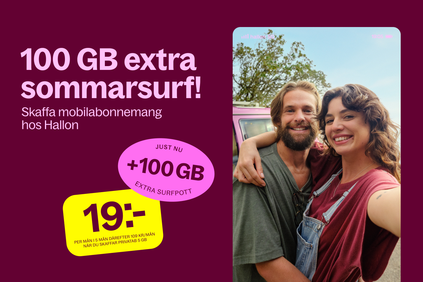 Mobilabonnemang från 19 kr/mån i 5 mån med 100 GB extra surf hos Hallon