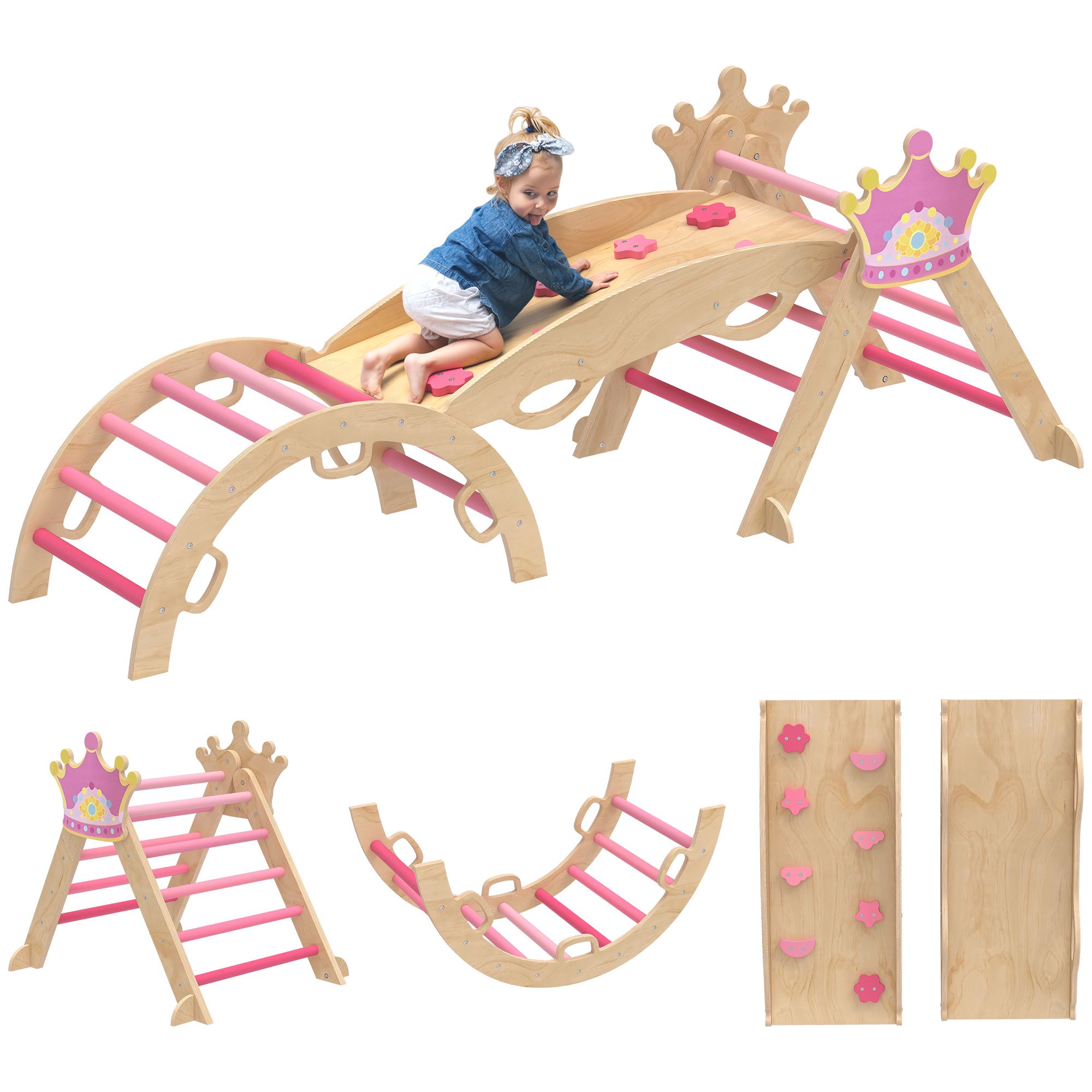 8-i-1 träklättertriangel Montessori klätterställning krontema med båge och ramp rosa