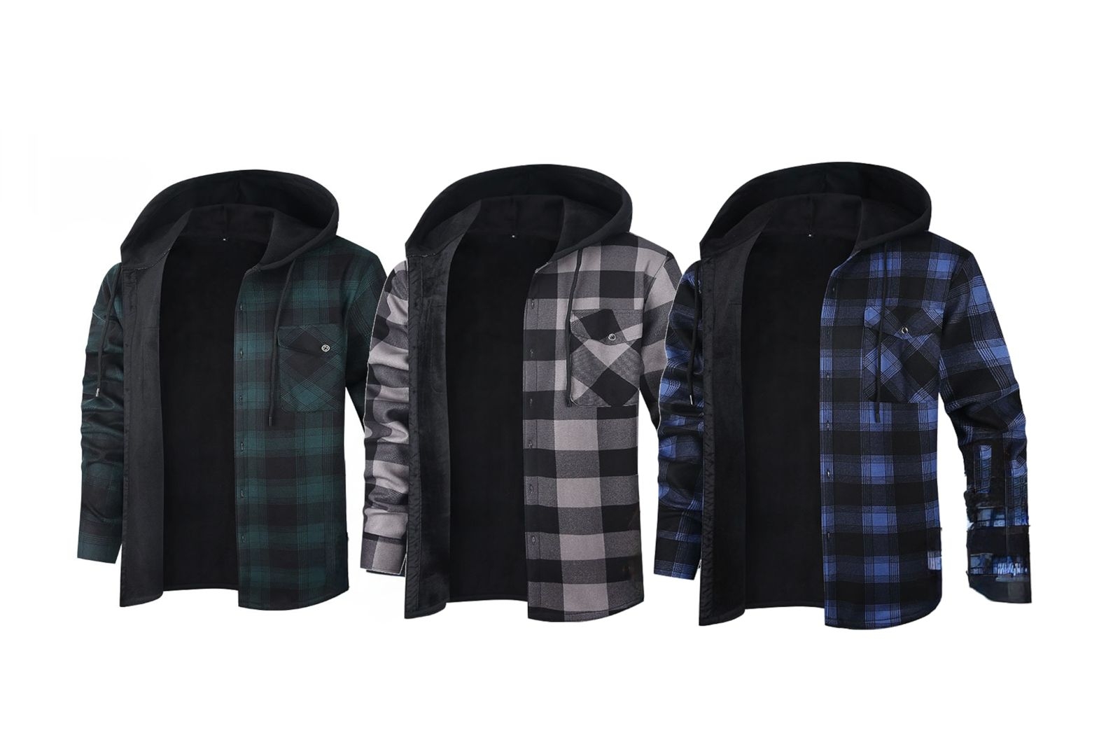 Rutete skjortejakke med hette og mykt fôr for menn