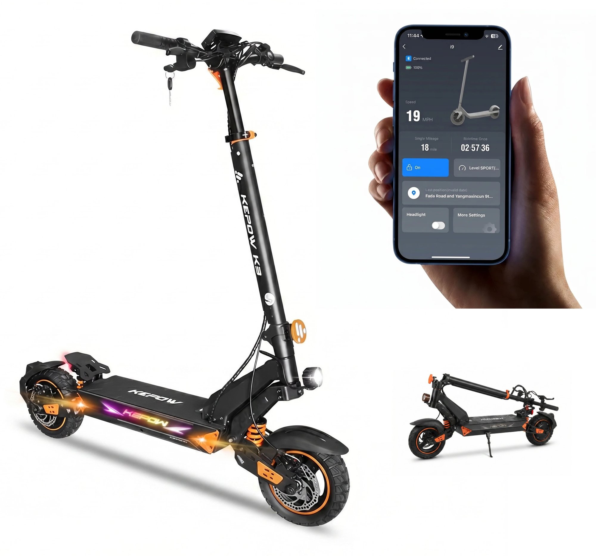 KEPOW K3 Elektrisk Scooter elkick elcykel 1000W Upp till 50 km/h, 48V 15Ah – 10" Offroad Däck, upp till 60 km Räckvidd E-Scooter