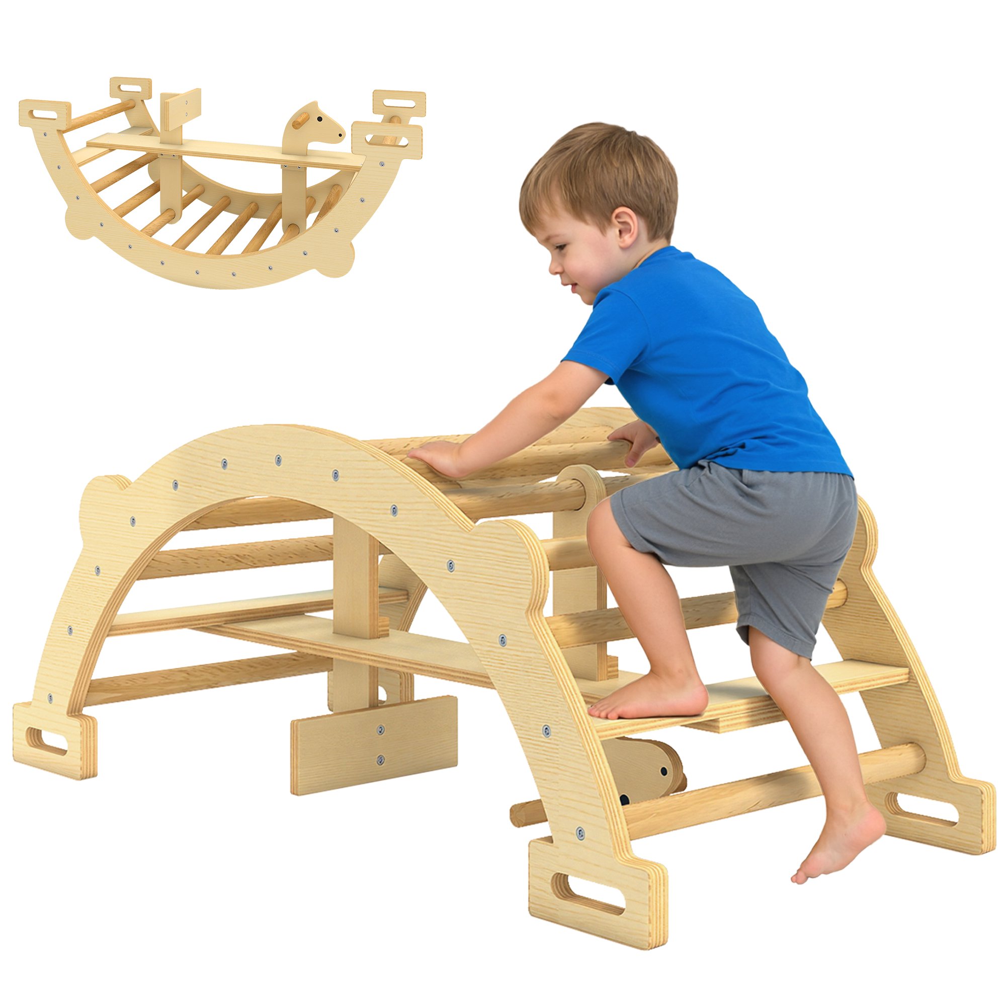 2-i-1 klätterbåge och gunghäst i trä, Montessoriklätterställning för barn 2-4 år, naturlig