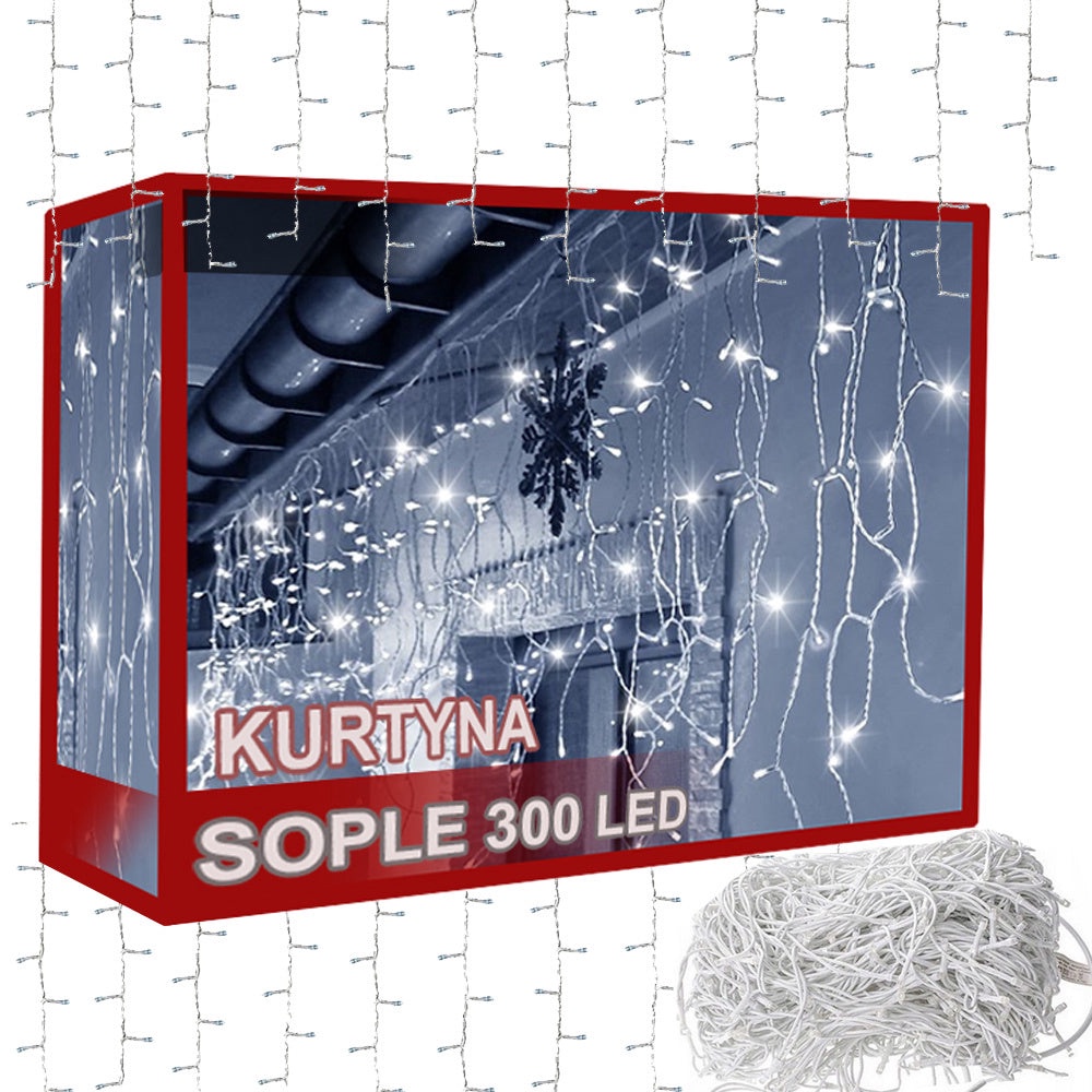 LED ljusgardin icicle 300 LED kallvit 10,4 m vit kabel 8 lägen