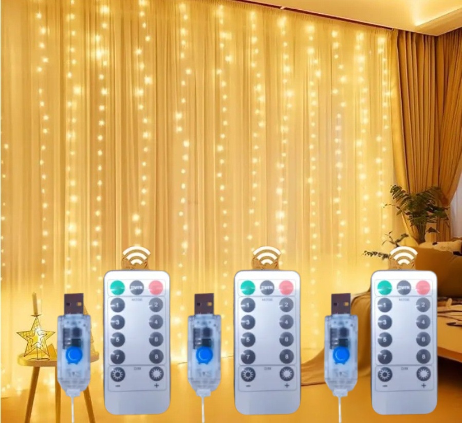 3-Pack Gardinljus – 3x3m Ljusslinga 300 LED Julbelysning, USB Drivna med 8 Ljussättningar och Fjärrkontroll