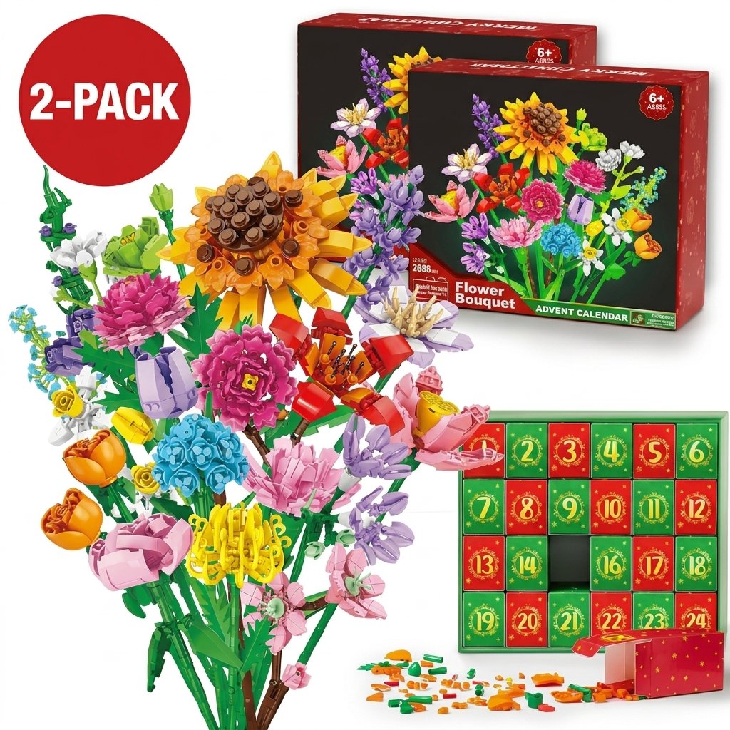 2-pack Adventskalender 2026 – 2 byggklossbuketter, 24 blommor i varje
