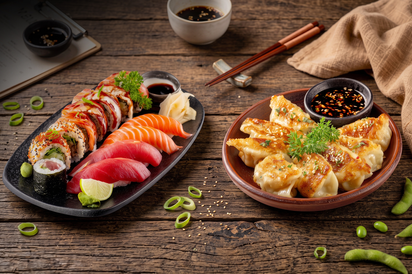 14 biter sushi og 4 kyllinggyoza hos Jonoe Sushi på Ringnes Park