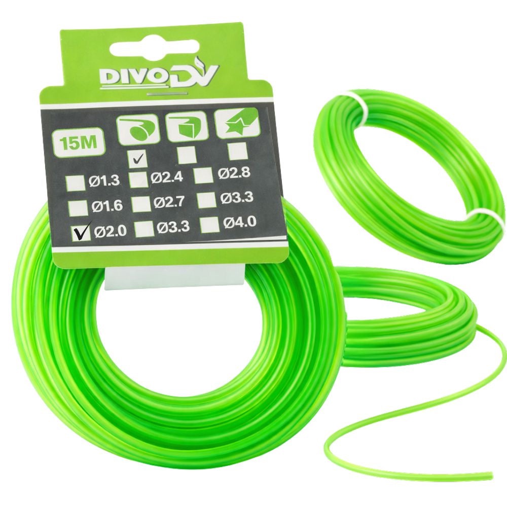 Trimmerlina nylon 2 mm x 15 m, grön, för röjsåg/grästrimmer