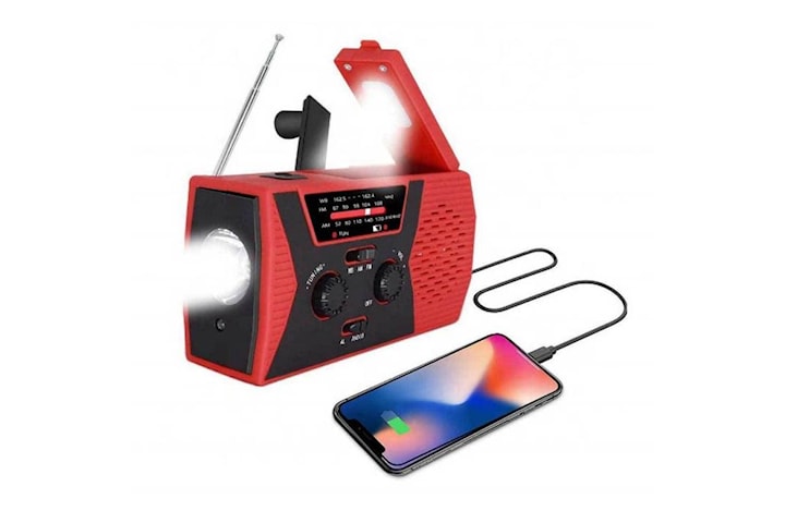 Vevradio / Nödradio med LED-lampa - FM-radio, Solcell, Laddbart batteri, Röd