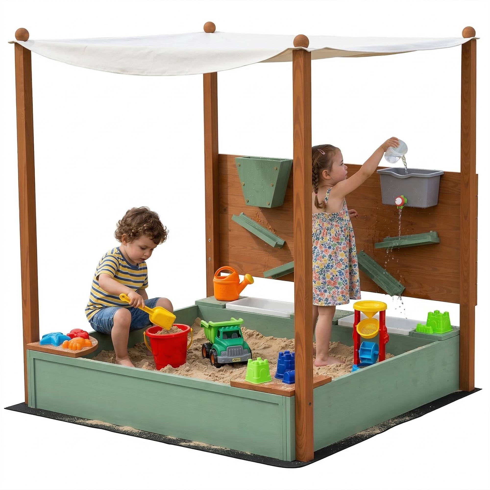 Träsandlåda för barn med tak, Barnsandlåda med 2 sittplatser, 2 förvaringslådor, Kran, Tratt, 116x112,5x128 cm, Grön