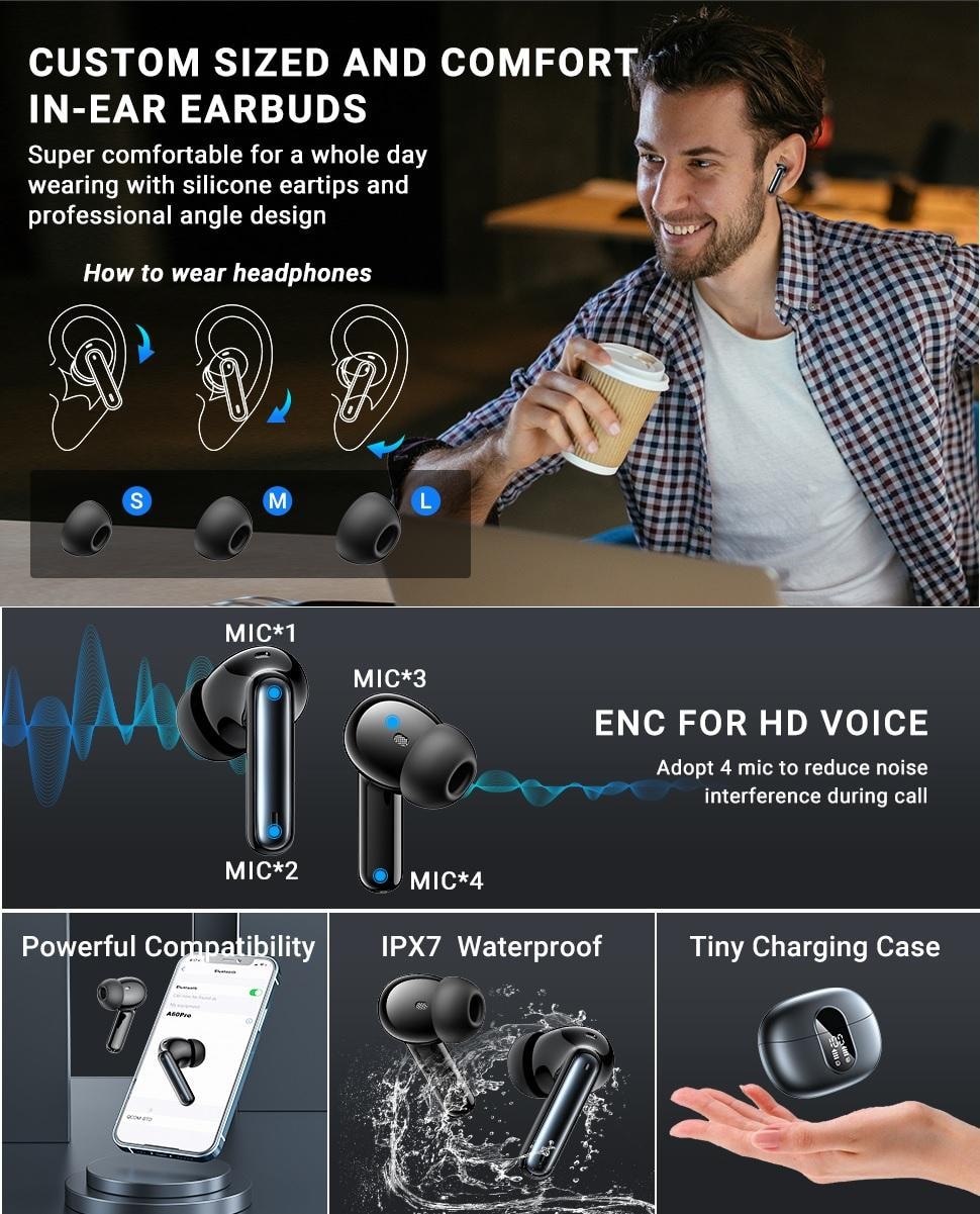 X500 Trådlösa Bluetooth Hörlurar - 30 timmar C4U® ANC ENC BT 5.3 (6 av 9)