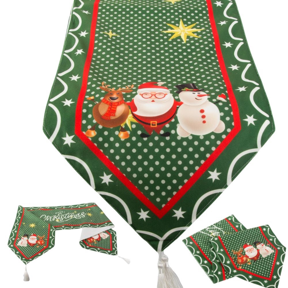 Julbordslöpare grön med julmotiv och tofsar 205x35 cm