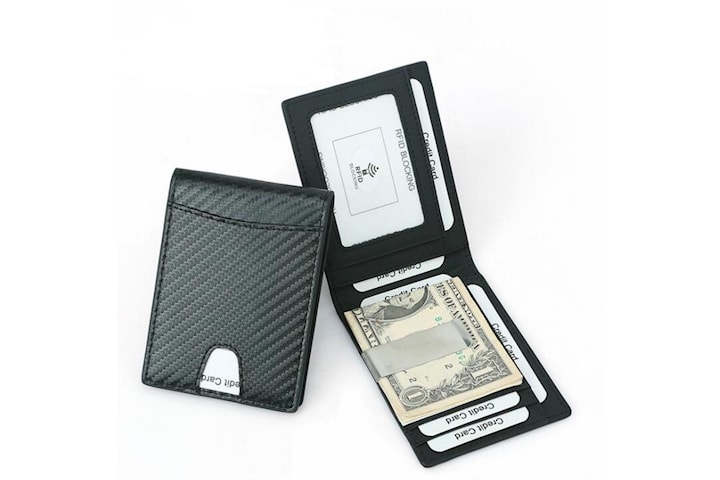 RFID carbon plånbok i äkta läder med pengaklipp