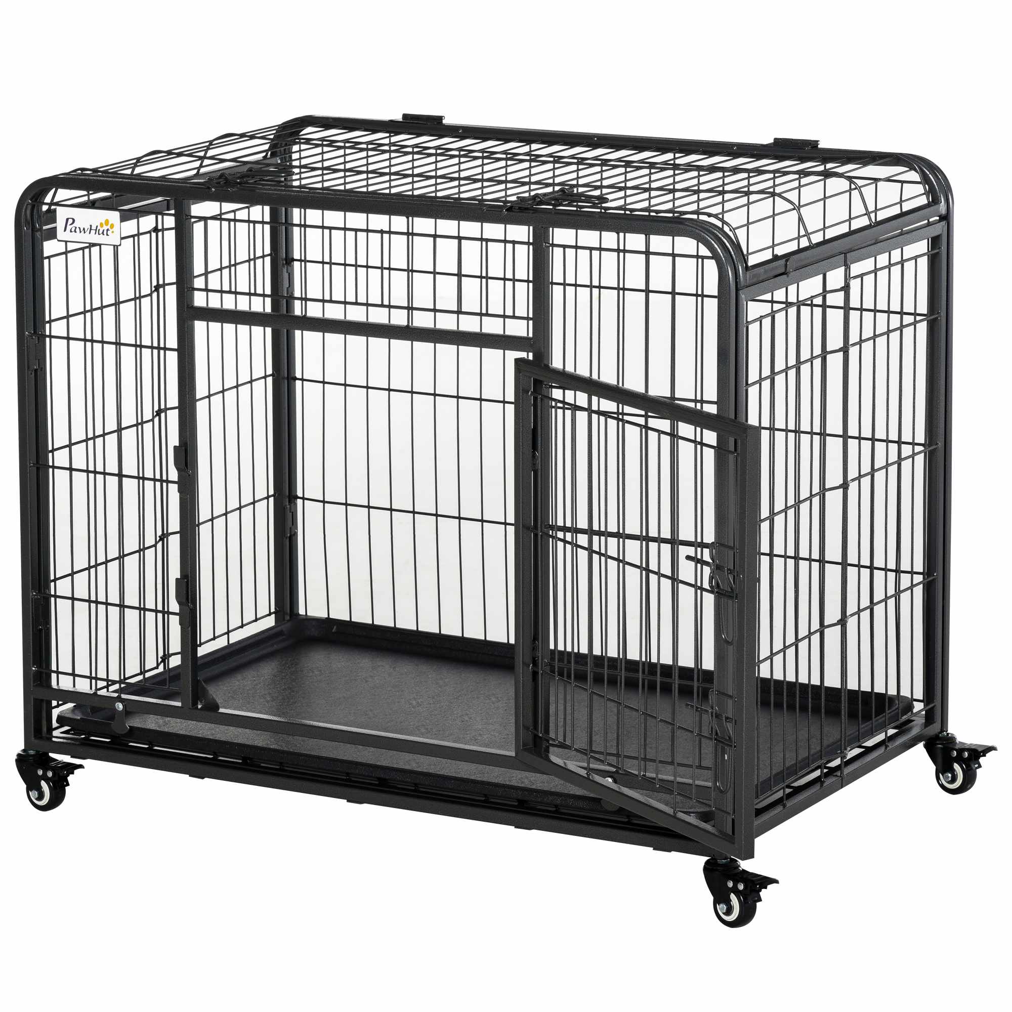 Hopfällbar hundkoja med dubbeldörr och lås, 4 hjul med bromsar och avtagbar botten, 94x58x69,5 cm, grå