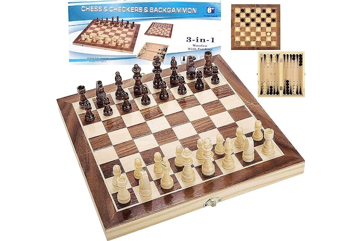 29x29cm vikbart Schack / Backgammon / Dam i trä